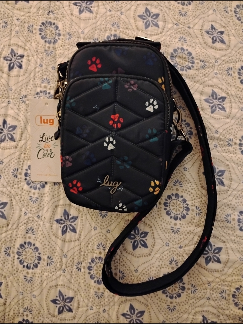 lug Navy Quilted Crossbody with Multicolor Paw Prints
